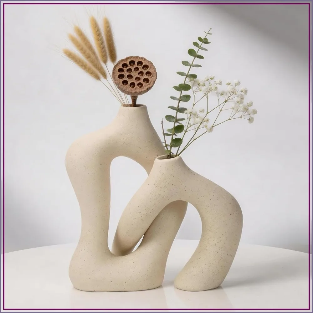 White Ceramic Decorative Vases Set of 2 - Image 1